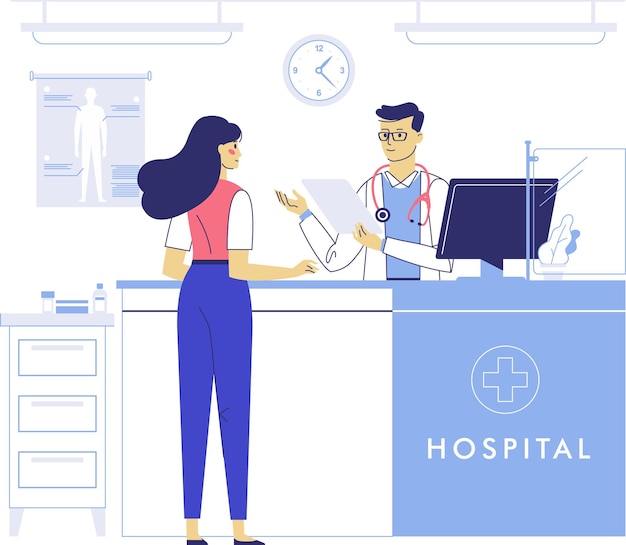 Doctor hombre y mujer paciente en la recepción del hospital