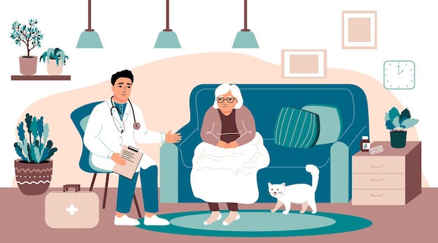 Doctor hombre Visitando a una anciana en casa Consulta en la casa Vector