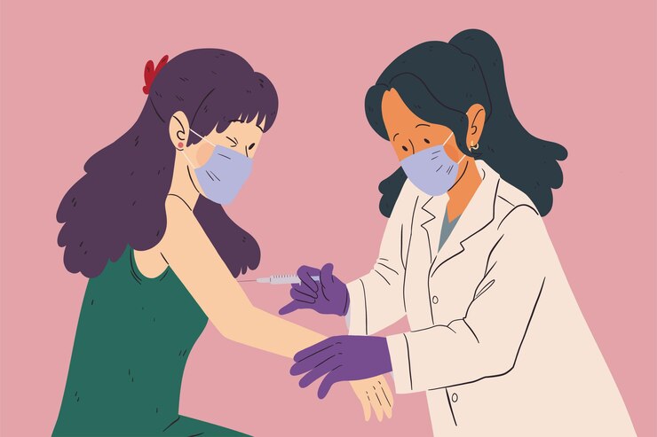 Vector doctor inyectando la vacuna a un paciente ilustración