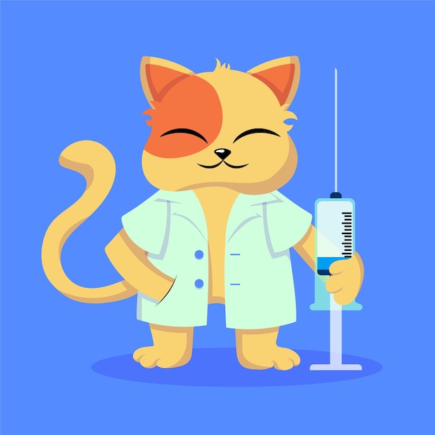 Vector doctor lindo gato con vacuna covid 19