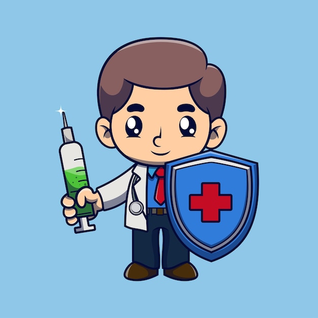 Un doctor lindo sosteniendo un escudo e inyectando una ilustración de dibujos animados Estudiar el concepto de icono Estilo de dibujo animado plano