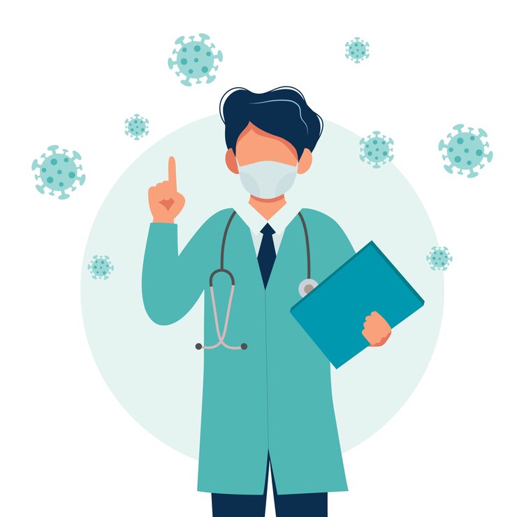 Vector doctor con una máscara médica, concepto de brote de coronavirus.