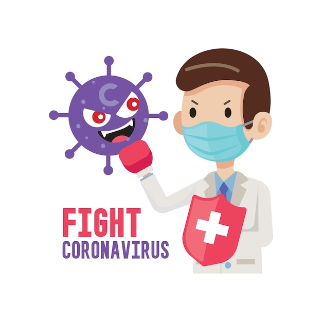 Doctor con mascarilla sosteniendo escudo y luchando contra coronavirus