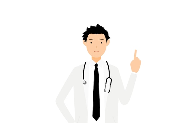 Doctor masculino en bata blanca sosteniendo la pose de señalar con el dedo índice