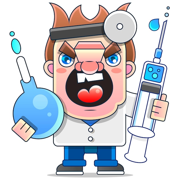 Vector doctor masculino con bata de laboratorio sosteniendo una jeringa