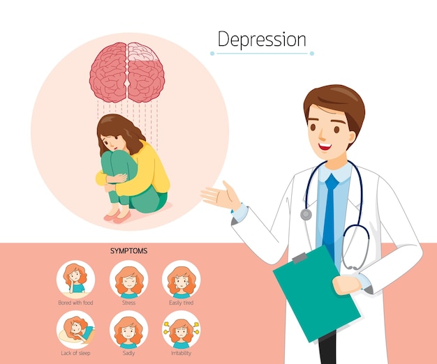 Vector doctor masculino con infografía de síntomas de depresión en mujer