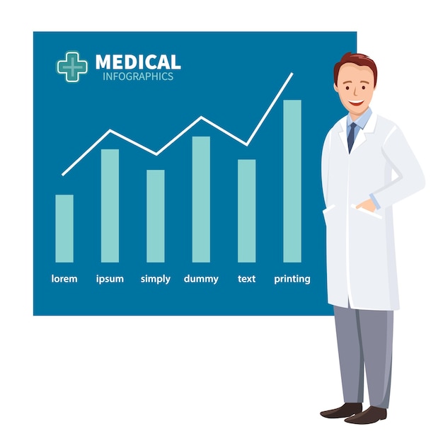 Doctor muestra gráficos de crecimiento Vector ilustración medic en piso