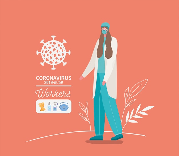 Doctor mujer avatar con máscara médica y uniforme