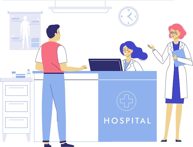 Doctor Mujer y Paciente Hombre en la Recepción del Hospital