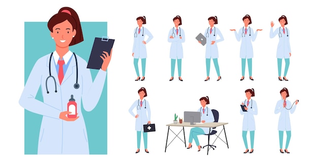 Doctor mujer plantea ilustración vectorial infografía conjunto. doctor profesional joven