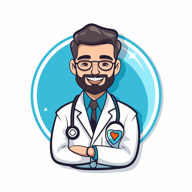 Doctor personaje de dibujos animados con estetoscopio y icono de corazón ilustración vectorial diseño gráfico