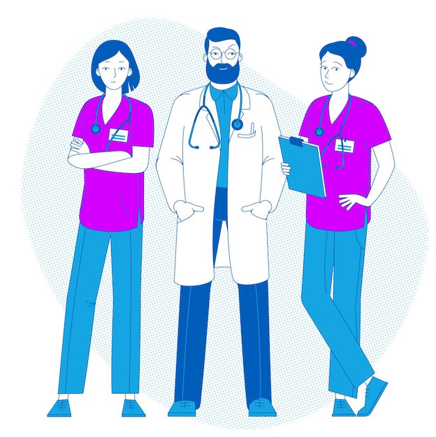 Doctor de pie con enfermeras. Doctor con estetoscopio. Día de la enfermera. Cuidado de la salud. Doctor joven en uniforme. Medicamento.