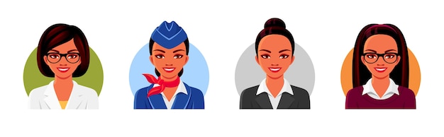 Doctor, profesor, azafata, caras de avatar de empresaria. Mujeres sonrientes vistiendo ropa profesional. ilustraciones