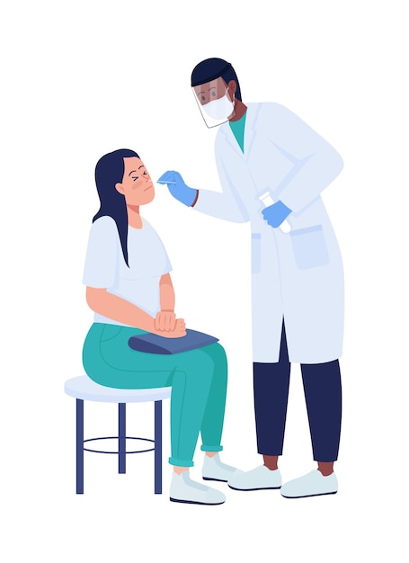 Doctor que controla el carácter del vector del color semi plano del paciente. Figuras diversas. Gente de cuerpo entero en blanco. Prueba de salud aislada ilustración moderna de estilo de dibujos animados para diseño gráfico y animación