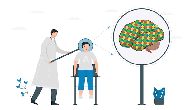 El doctor revisa y escanea el cerebro del niño. El resultado muestra que es autista. Puede hacer cosas especiales. Infografía para el Día Mundial de Concienciación sobre el Austismo, 2 de abril.