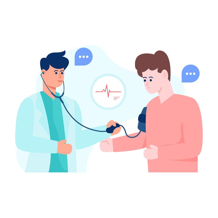 Vector doctor revisando la presión arterial del paciente ilustración plana de chequeo