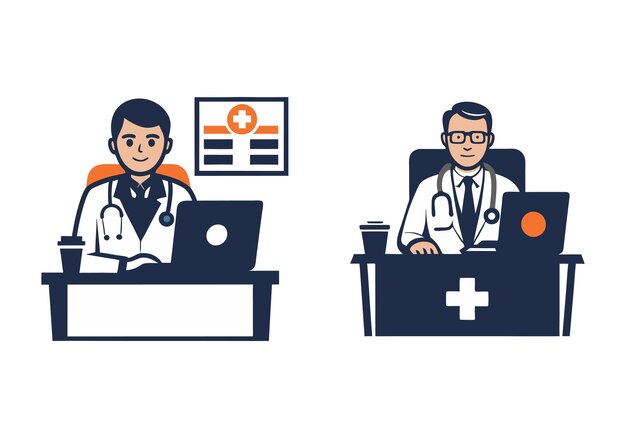 Doctor sentado en la cámara Color plano Vector Art Ilustración Bundle Perfecto para diseños médicos