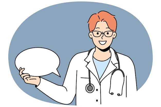 Doctor sonriente con burbujas de discurso