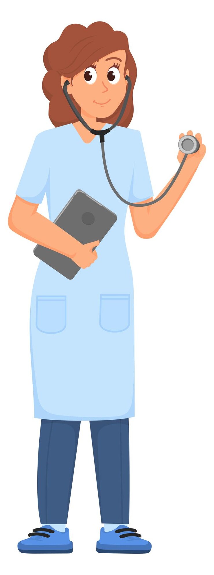 Vector doctor sonriente mujer en bata blanca trabajando con estetoscopio