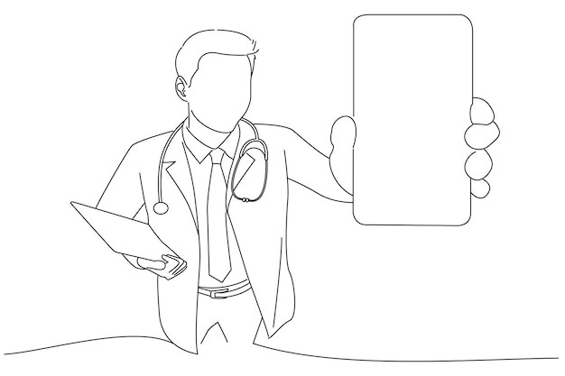 Doctor sosteniendo un arte de estilo de dibujo de esquema de teléfono móvil