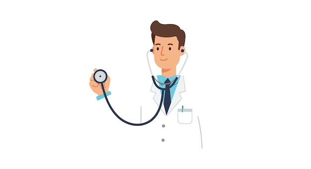 Doctor sosteniendo un estetoscopio con una sonrisa amistosa en arte vectorial plano