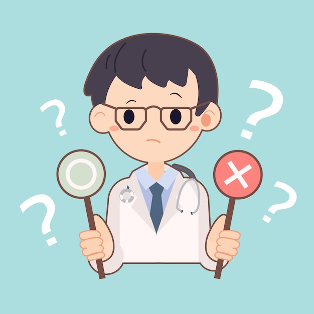 Doctor sosteniendo etiquetas de correcto e incorrecto en azul