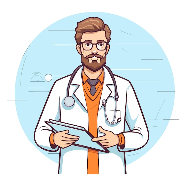 Doctor sosteniendo un portapapeles Joven médico de dibujos animados con ilustración vectorial Concepto médico
