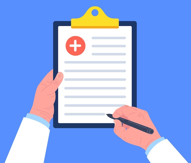 Doctor sosteniendo el portapapeles y toma notas sobre él. Talonario de recetas médicas. .