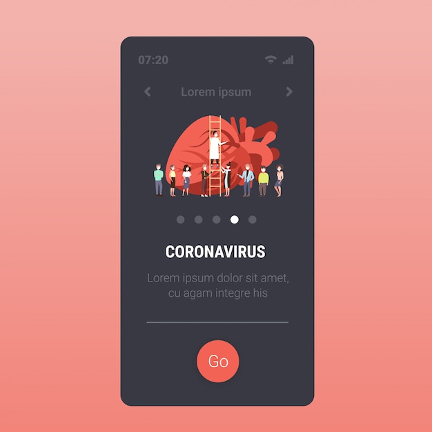 Doctor subiendo la escalera examinando el corazón humano herido con síntomas de coronavirus epidemia Virus MERS-CoV wuhan 2019-nCoV pantalla del teléfono inteligente aplicación móvil espacio de copia de longitud completa