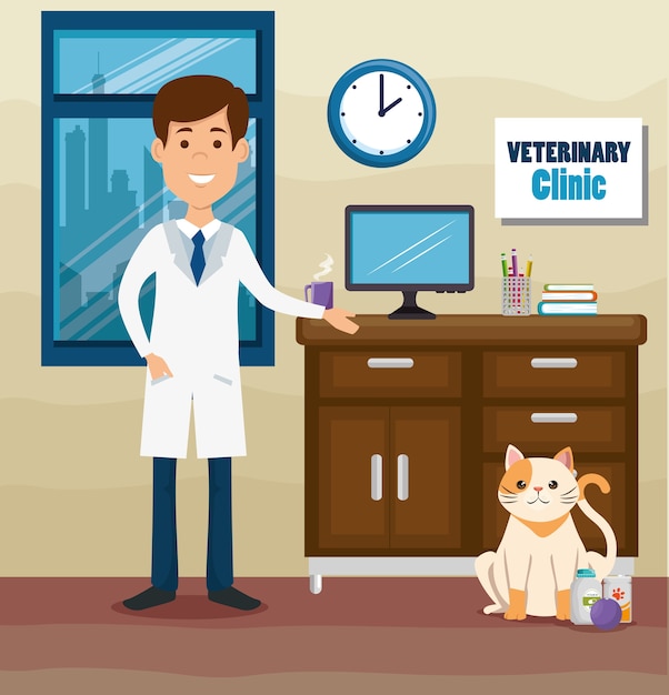 Vector doctor veterinario con personaje de mascota