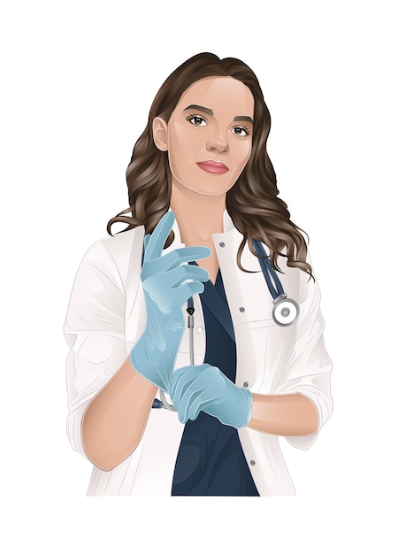 Doctora amigable realista en guantes azules con estetoscopio hermosa chica sonriente en uniforme