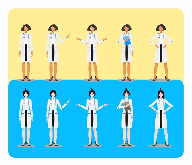 Doctora conjunto de poses utilizables para infografía de hospital y clínica o web médica y diseño de aplicaciones