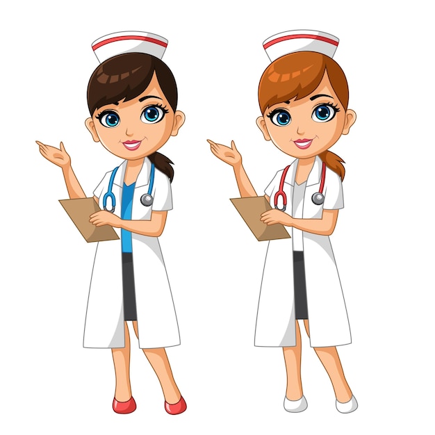 una doctora de dibujos animados de pie sosteniendo una tabla