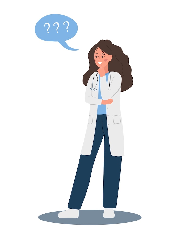 Doctora en duda Mujer pensante en uniforme con signo de interrogación Buscando solución de problemas Ilustración vectorial en estilo de caricatura plana