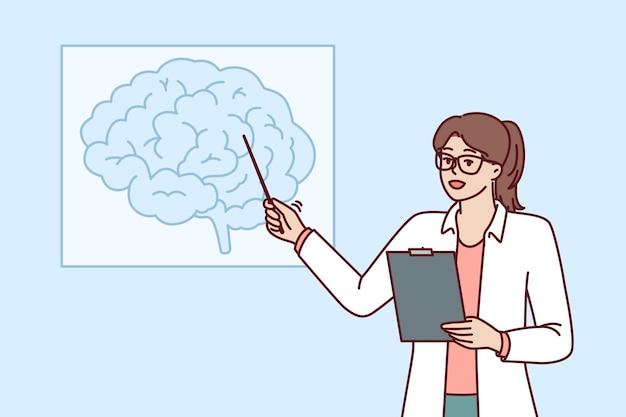 Doctora enseña neurología apuntando al dibujo del cerebro durante el curso de educación médica