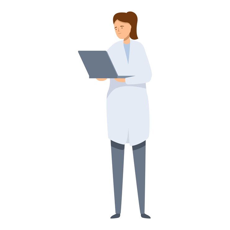Vector la doctora está de pie y usa una computadora portátil para acceder a la información del paciente