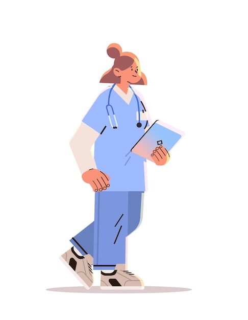 Doctora con estetoscopio, trabajadora médica en uniforme, feliz día del trabajo, celebración, concepto, vertical, longitud completa, vector, ilustración