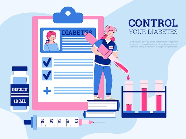 Vector doctora haciendo prueba de glucosa en sangre del paciente con diabetes