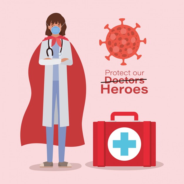 Doctora héroe con capa y botiquín contra diseño vectorial 2019