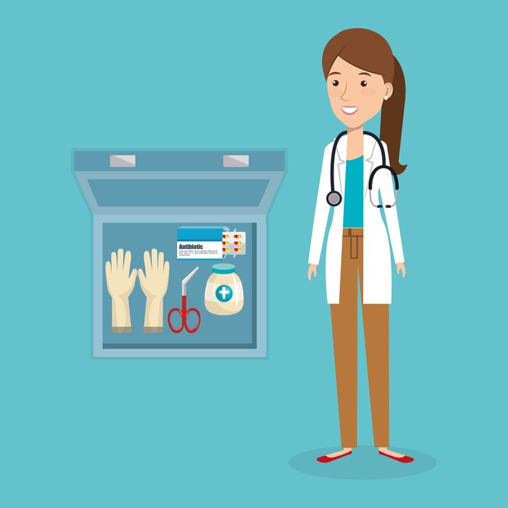 Vector doctora con kit médico