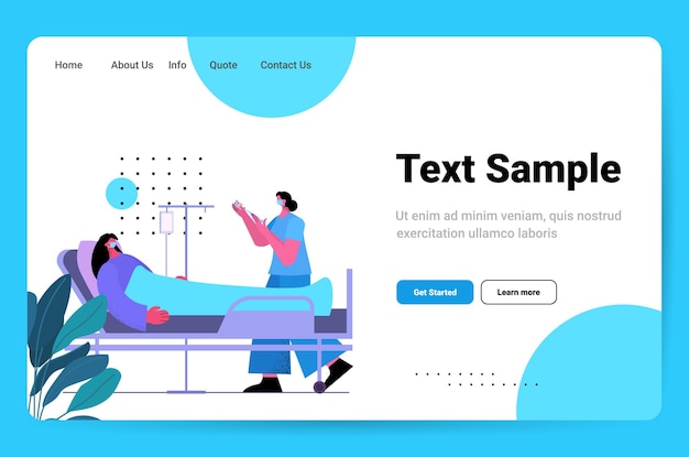 Doctora en máscara que vacuna al paciente en la cama de un hospital lucha contra el concepto de desarrollo de la vacuna contra el coronavirus Ilustración de vector de espacio de copia de longitud completa horizontal