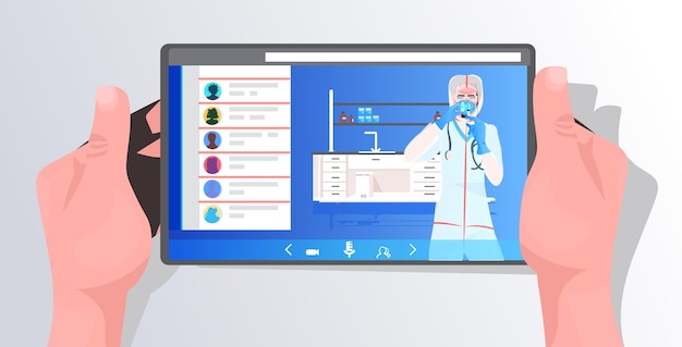 Vector doctora en máscara y traje protector trabajando con tubo de ensayo en el desarrollo de vacunas de pantalla de tableta