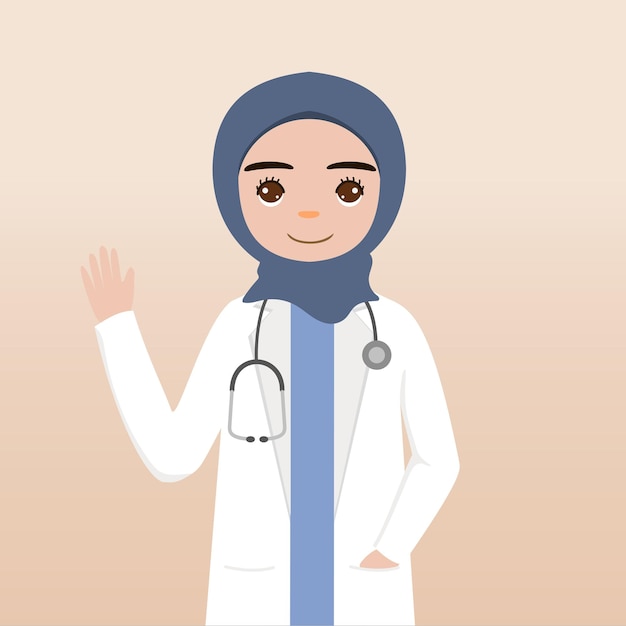 Doctora musulmana en hijab con personaje de dibujos animados dibujados a mano conjunto médico
