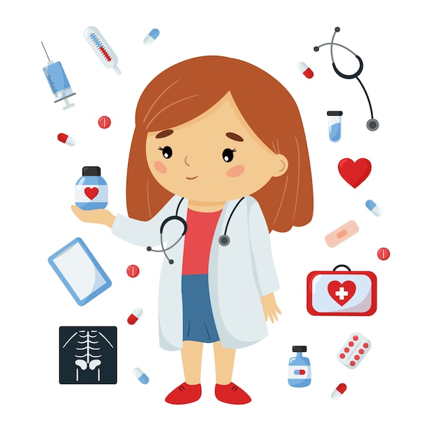 Doctora con objetos de medicina. lindo personaje kawaii. ilustración de salud para niños.