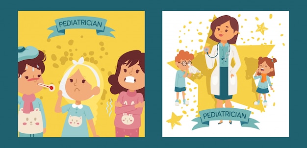 Vector doctora pediatra con niños enfermos conjunto de carteles, tarjetas de ilustración vectorial. médico otorrinolaringólogo o médico con equipo. mujer con estetoscopio.