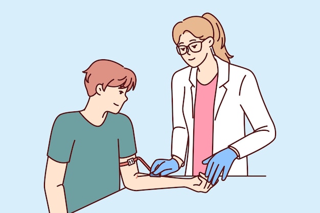 Doctora que prepara al hombre paciente para un análisis de sangre para detectar enfermedades o pruebas de ADN