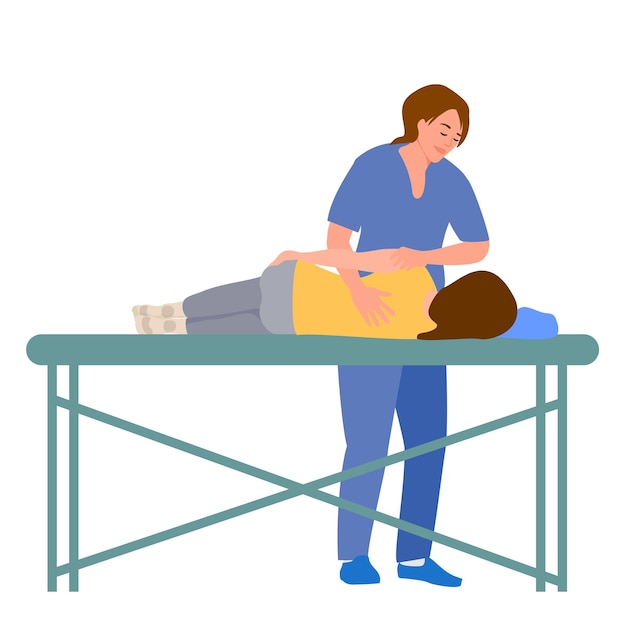 Vector doctora quiropráctica u osteópata arreglando la espalda de la mujer acostada con los movimientos de las manos durante la visita