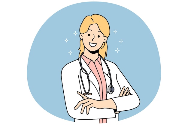 Doctora sonriente en uniforme médico blanco se siente positiva y optimista Mujer feliz GP o terapeuta posando mostrando cualidades de liderazgo Medicina Vector ilustración