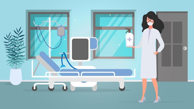 La doctora tiene un desinfectante en sus manos. Mujer médica con una bata blanca. Antiséptico. Vector.