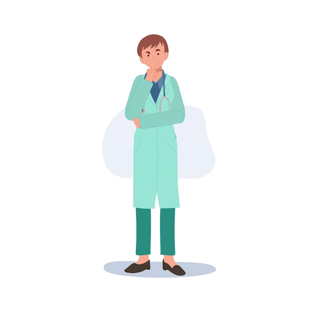 Vector una doctora con uniforme médico está pensando en una curiosa ilustración vectorial plana